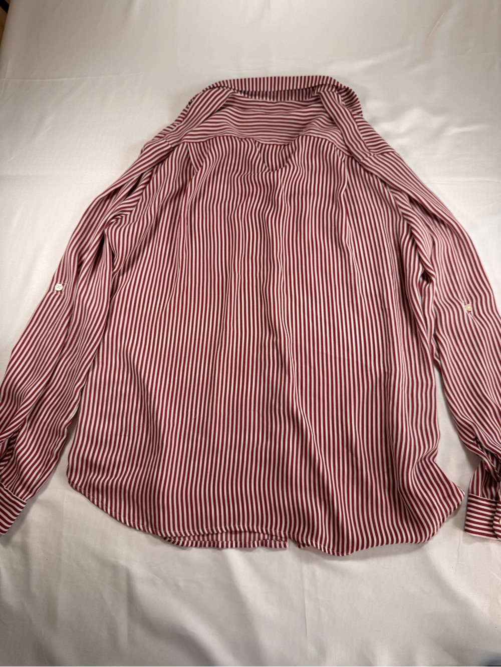 LOFT Women’s Medium Red White Stripe Utility Blouse Roll Tab Long Sleeve Top - Picture 7 of 7